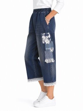 Venezia Stretch Patchwork Lace Jeans – Size 14 – Blue – Custom Design